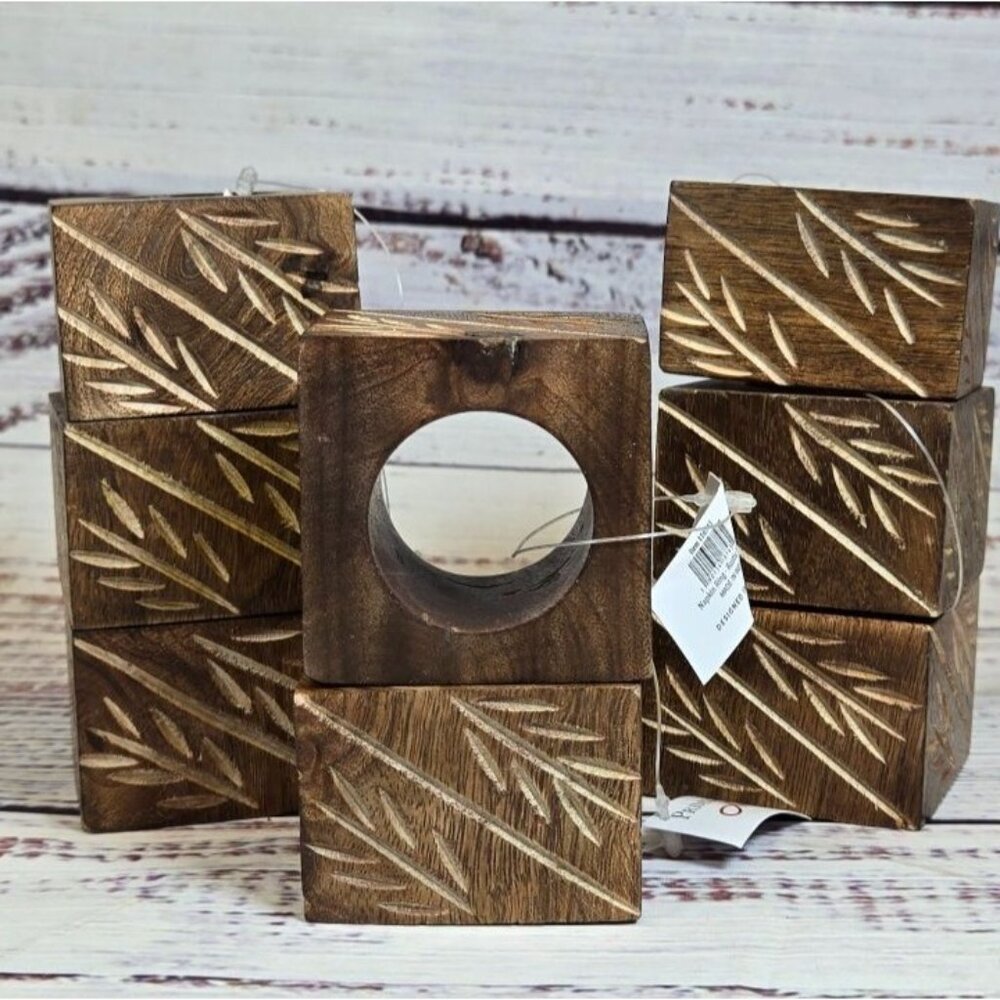 NWT Rustic Square Napkin Rings Bamboo carved real wood Boho Natural 8pc set